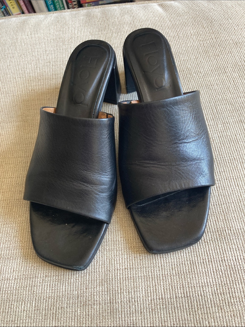Minimalist Black Leather Slide Mules with Block Heel